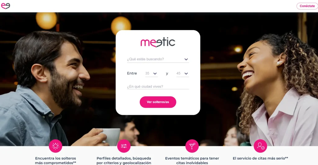 Meetic.com mostrando perfiles usuarios masculinos femeninos sistema suscripción premium 44.99 euros mensual eventos offline opciones mensajería ilimitada modo incógnito filtros avanzados videollamadas integradas testimonios usuarios Trustpilot calificación 6.8 sobre 10