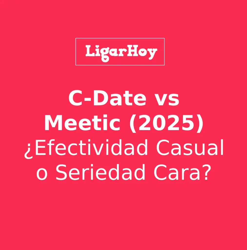 Logos de C-Date (casual, efectivo) y Meetic (serio, caro) enfrentados en una comparativa.